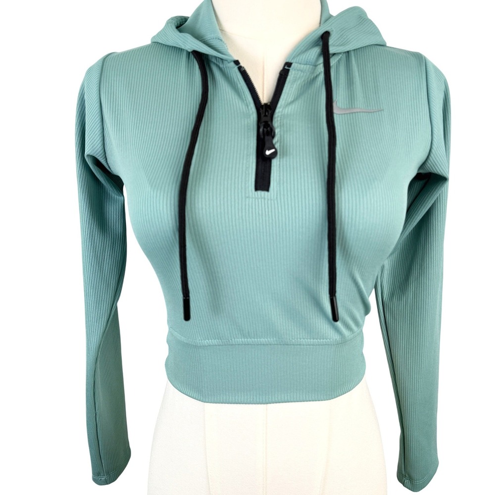 Nike Dri-FIT Ribbed Quarter Zip Cropped Hoodie Teal Green Womens Small